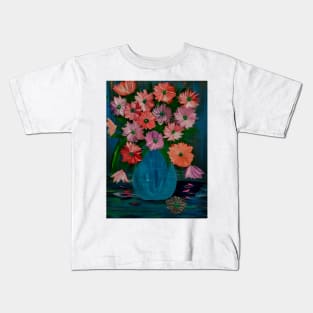 bouquet of flowers in a metallic deep blue vase Kids T-Shirt